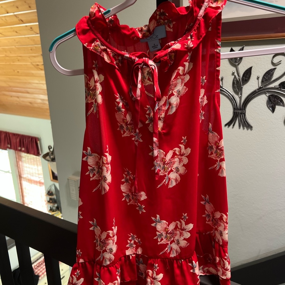 CeCe Red Floral Ruffle Sleeveless Top #144